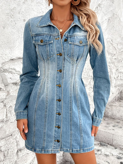 Pocketed Button Up Long Sleeve Denim Dress Medium