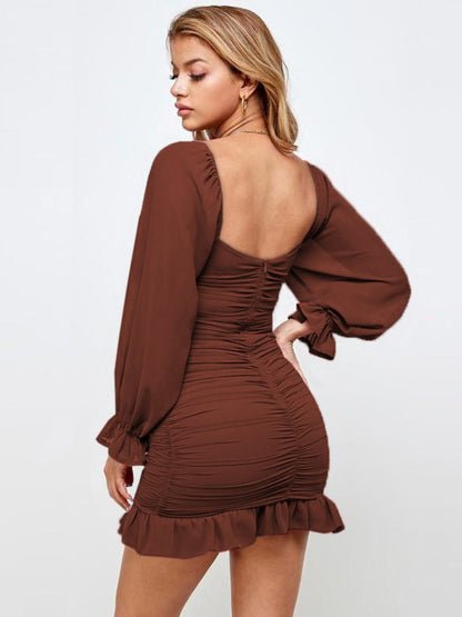 Ruffled Ruched Flounce Sleeve Mini Dress Brown