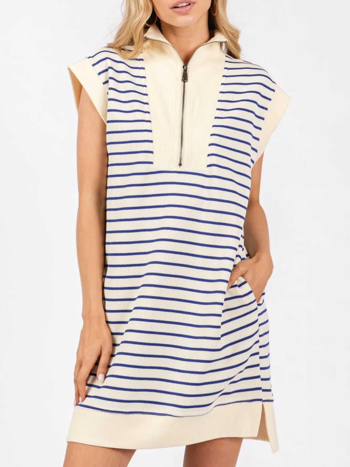 Full Size Pocketed Striped Quarter Zip Cap Sleeve Dress Blue