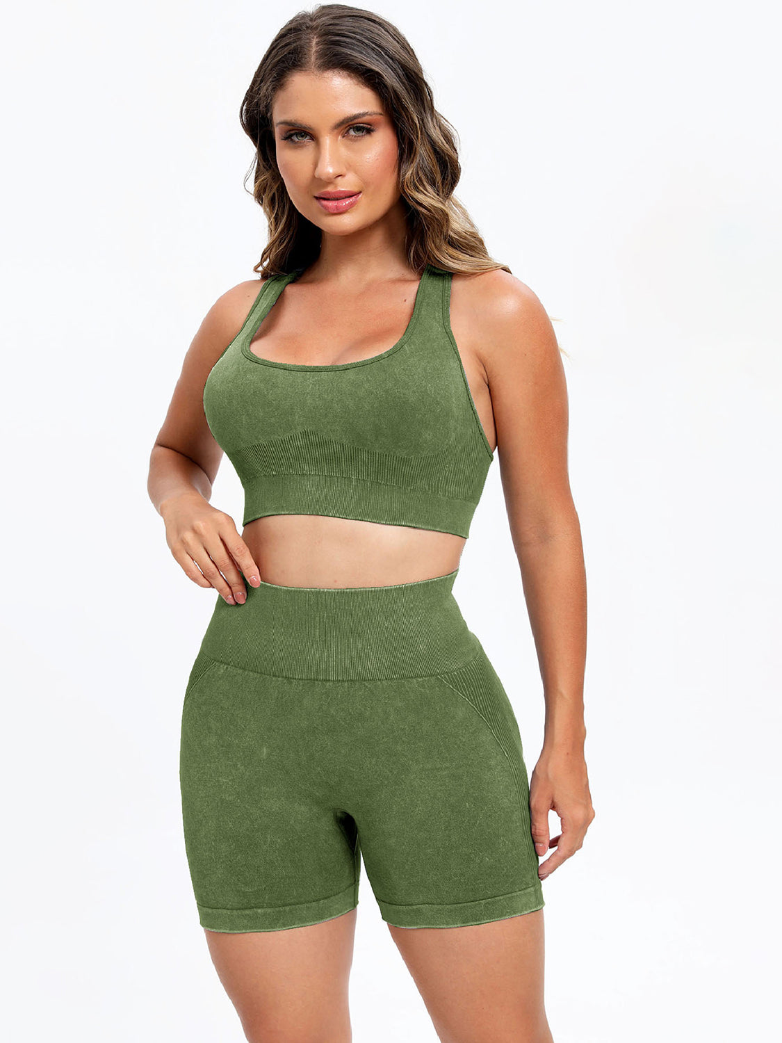 Scoop Neck Wide Strap Top and Shorts Active Set Matcha Green