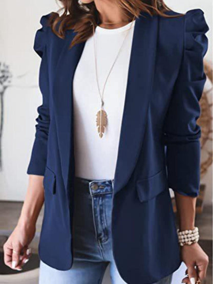 Collared Neck Puff Sleeve Blazer Dark Blue