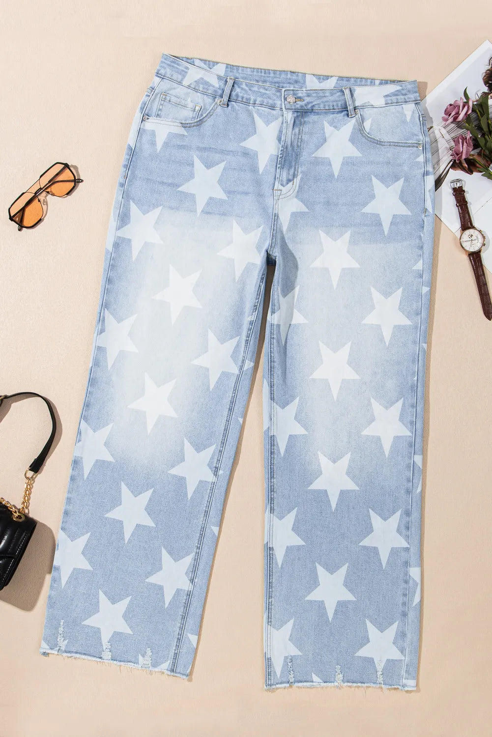 Plus Size Star Straight Leg Jeans with Pockets Light