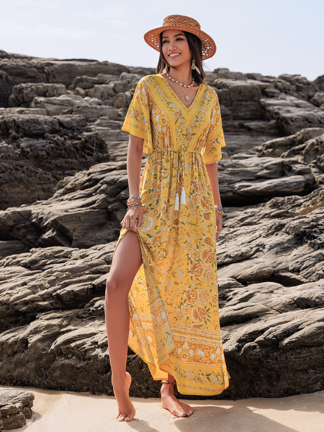 Drawstring Printed Plunge Half Sleeve Dress Gold