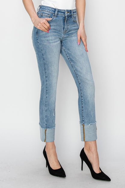 RISEN Full Size High Rise Cuffed Slim Straight Jeans Light