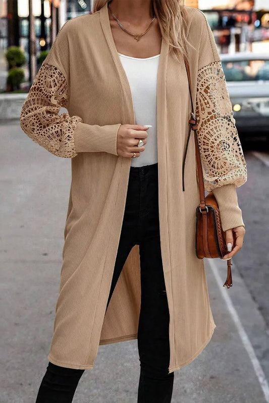 Open Front Lace Lantern Sleeve Cover-Up Tan