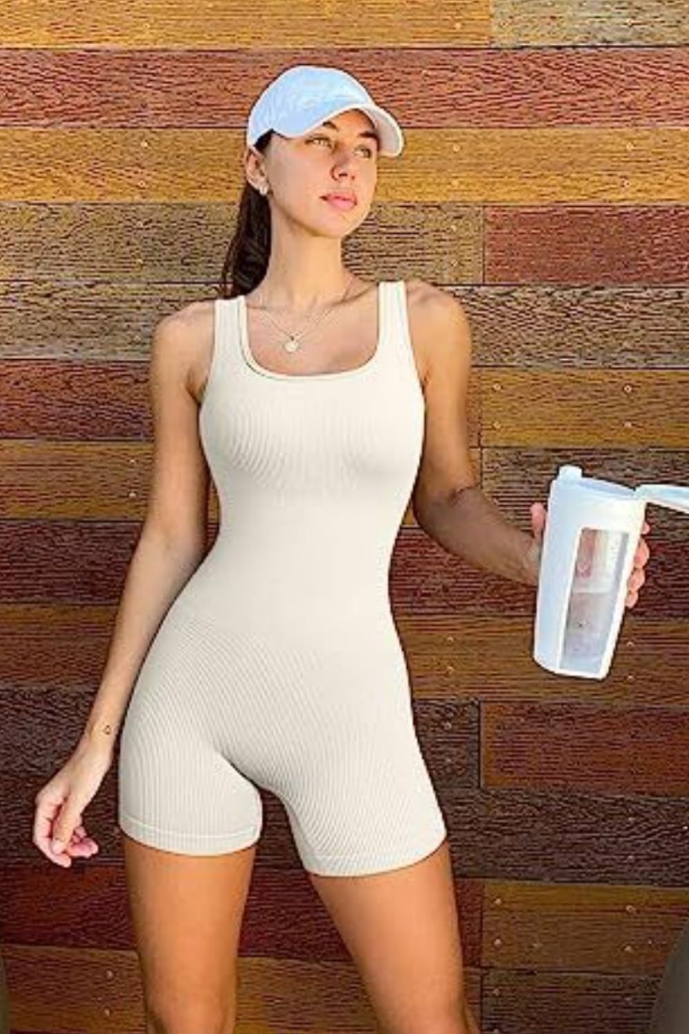 Square Neck Wide Strap Active Romper Cream