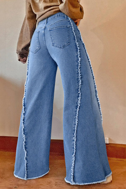 Raw Hem Wide Leg Jeans with Pockets Medium