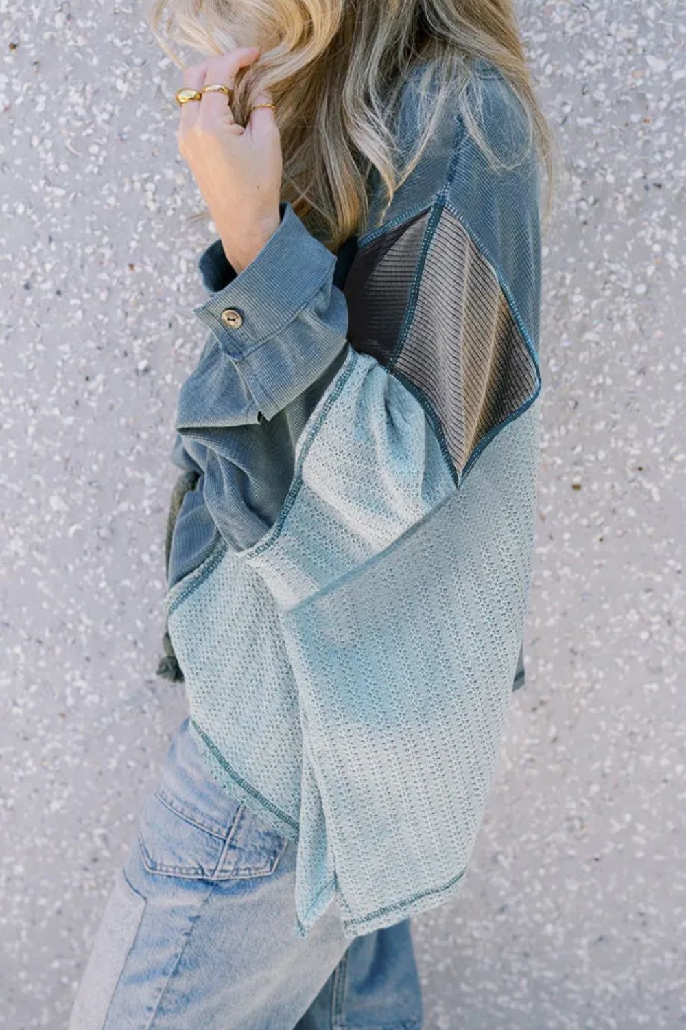 Patchwork Color Block Round Neck Long Sleeve Top Dusty Blue