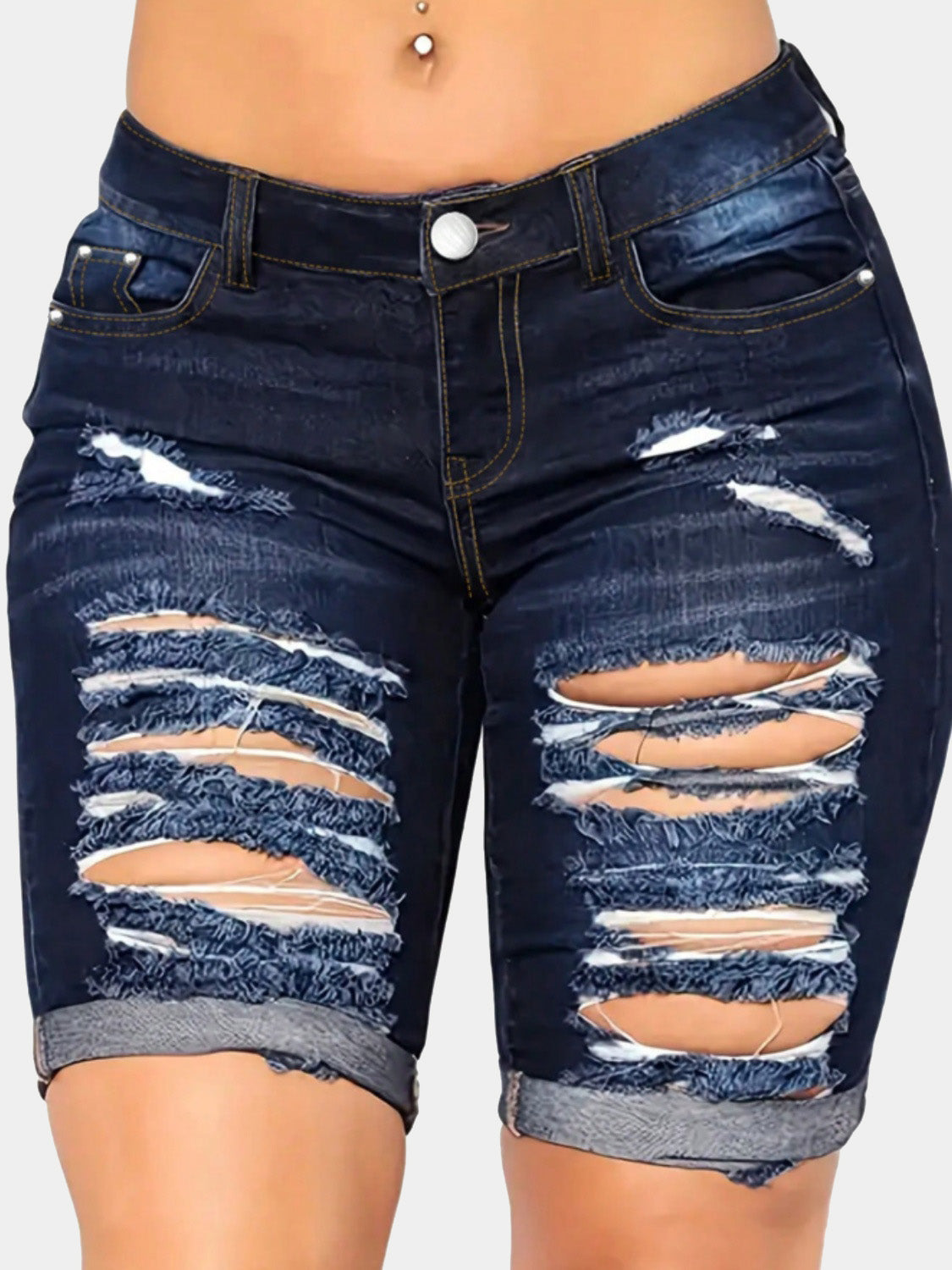 Distressed Denim Shorts with Pockets Navy