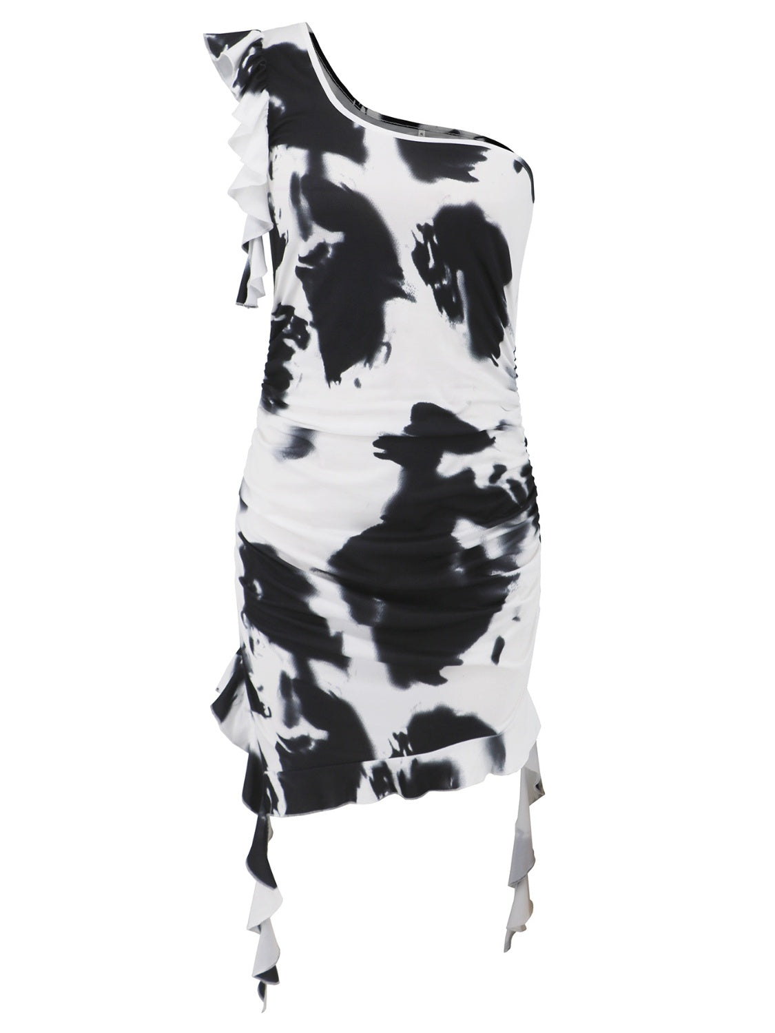 Ruffled Tie-Dye Single Shoulder Mini Dress Black