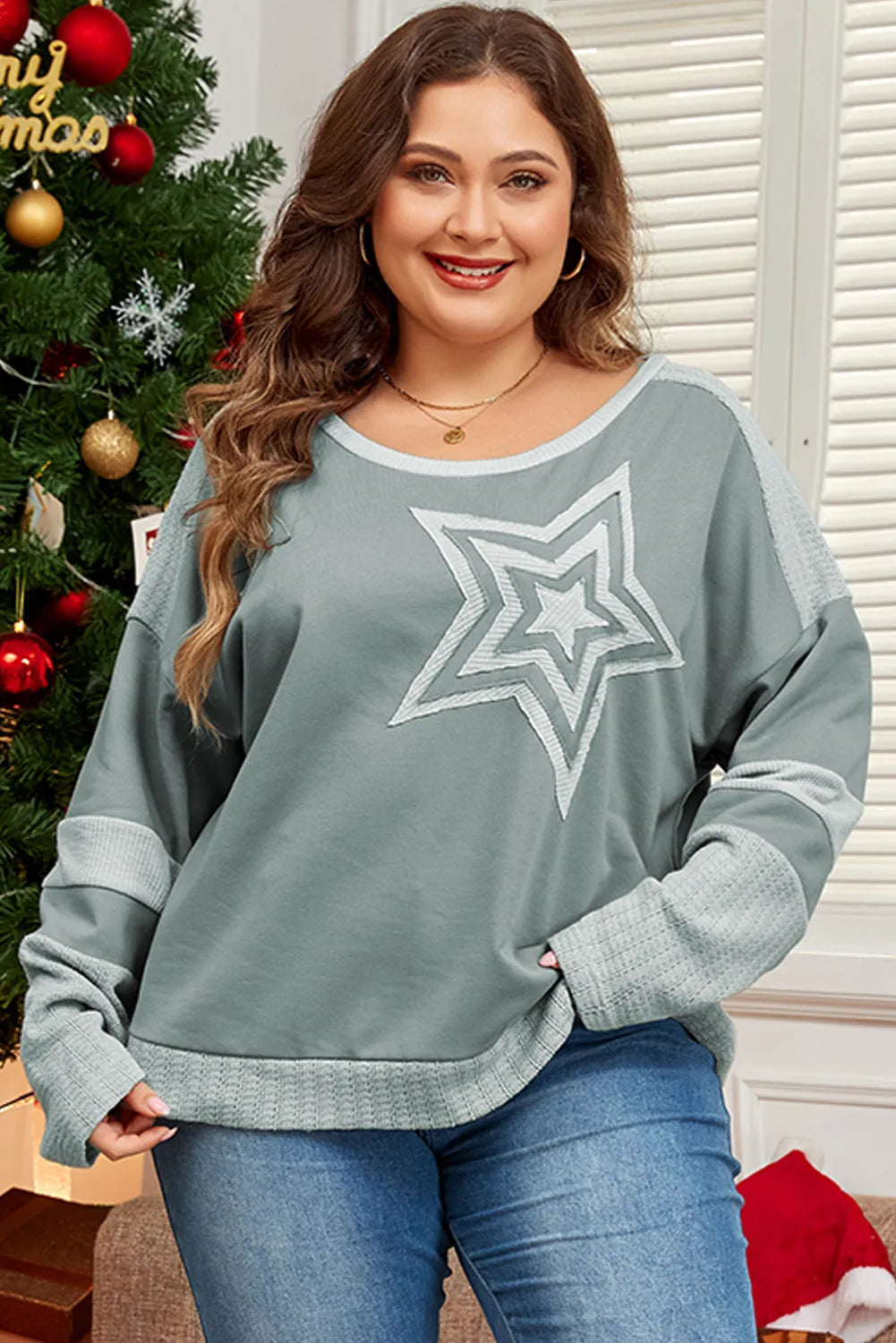 Plus Size Star Round Neck Long Sleeve Top Sage