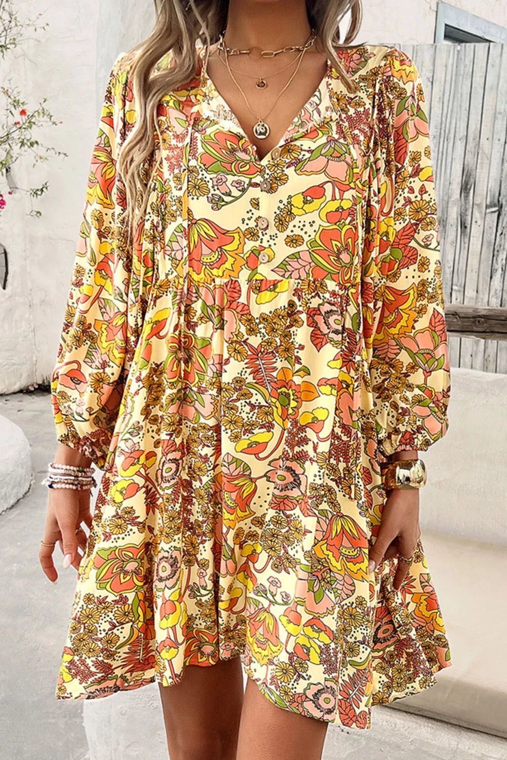 Printed Tie Neck Balloon Sleeve Mini Dress Yellow