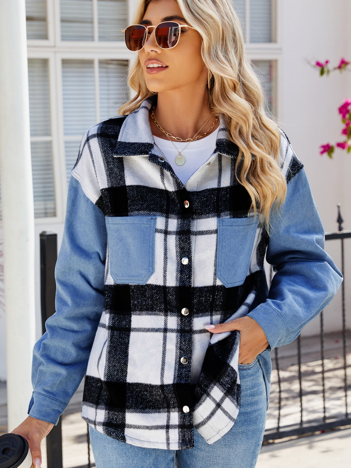 Pocketed Plaid Snap Down Denim Jacket Dusty Blue