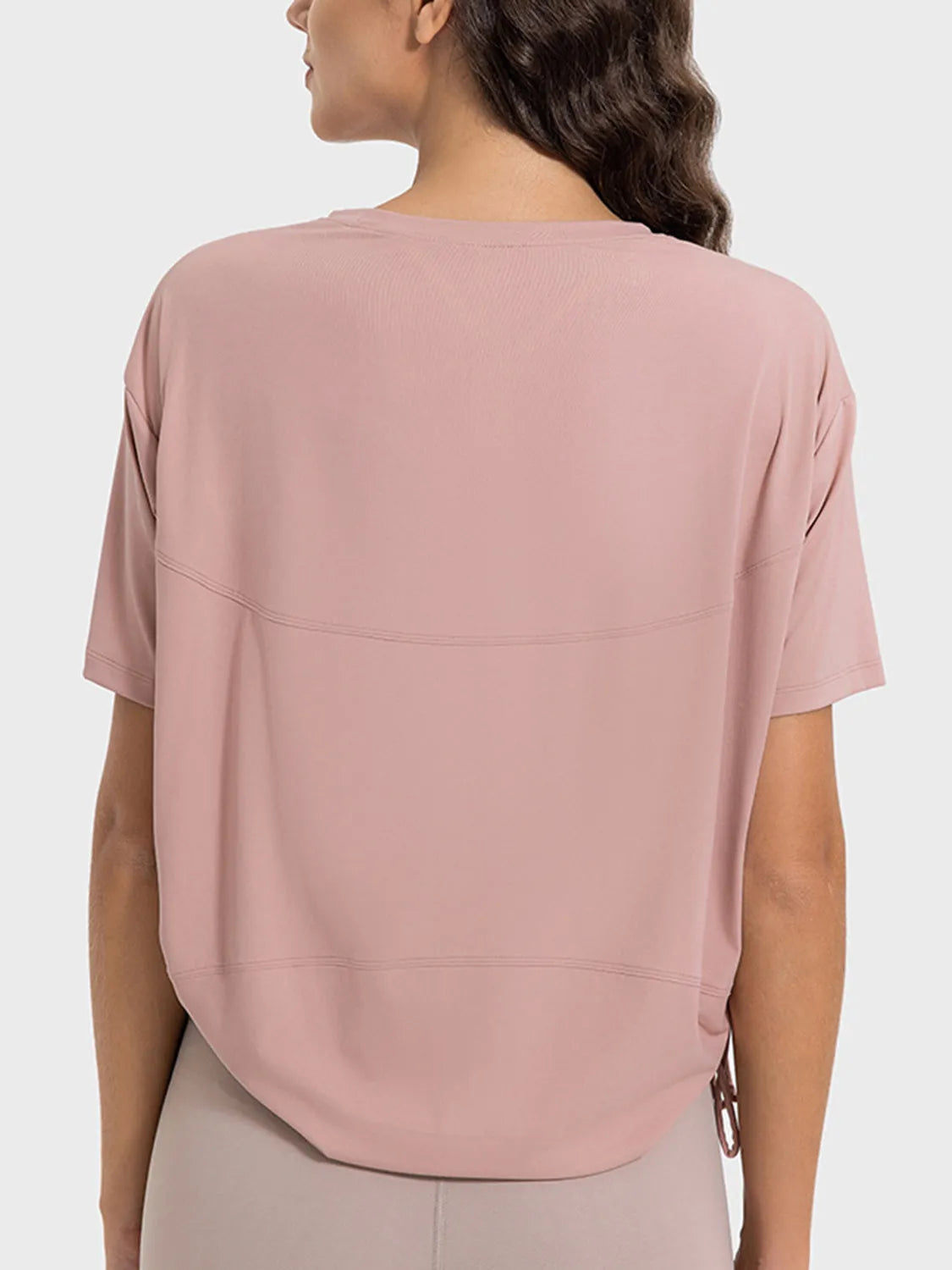 Drawstring Round Neck Short Sleeve Active T-Shirt Dusty Pink