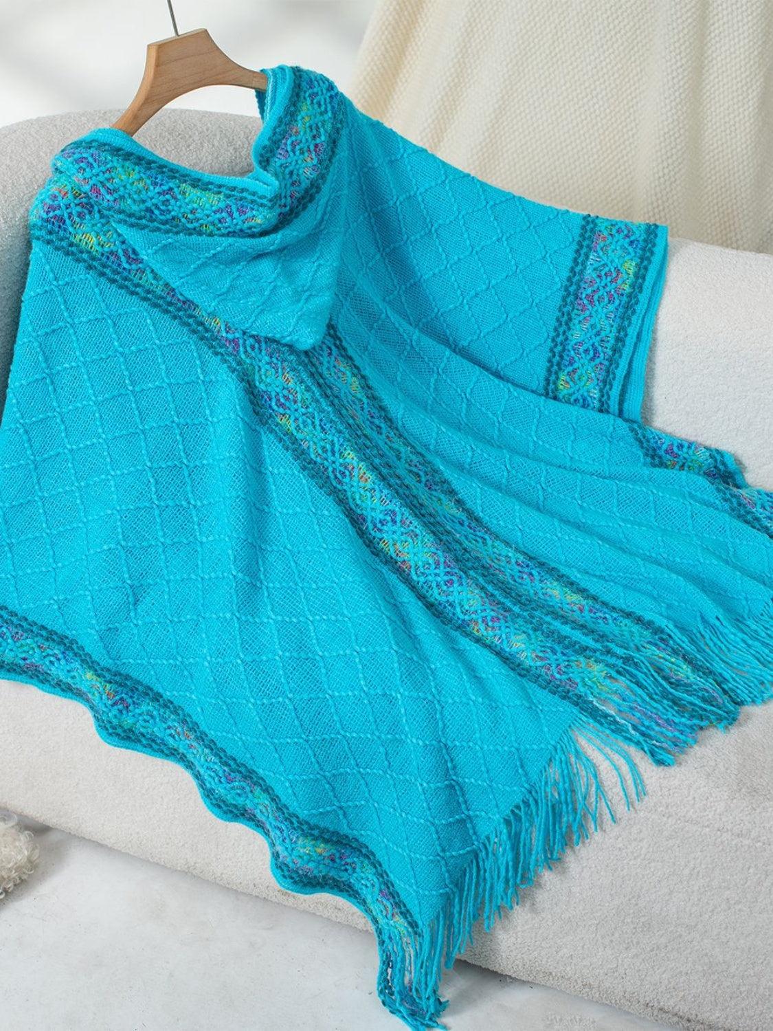 Fringe Half Sleeve Hooded Poncho Sky Blue One Size