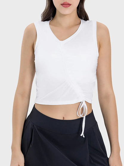 Drawstring Ruched Wide Strap Active Tank White