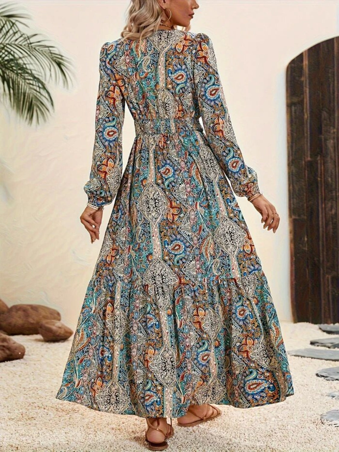 Printed Tie Neck Long Sleeve Maxi Dress Air Force Blue