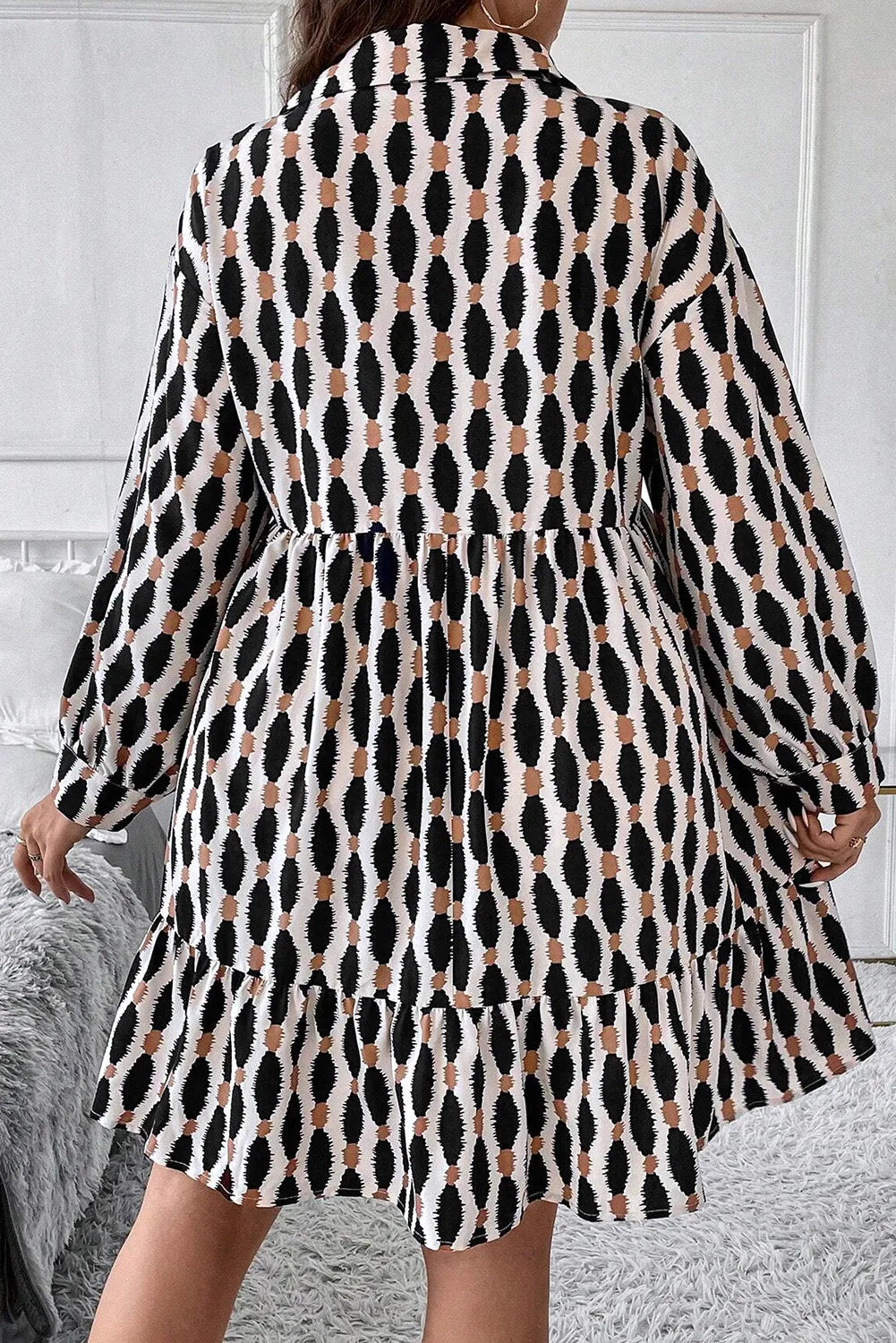 Plus Size Printed Johnny Collar Long Sleeve Dress Black