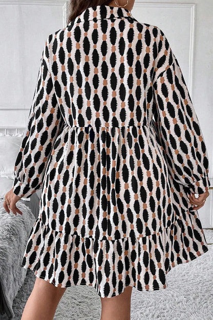 Plus Size Printed Johnny Collar Long Sleeve Dress Black