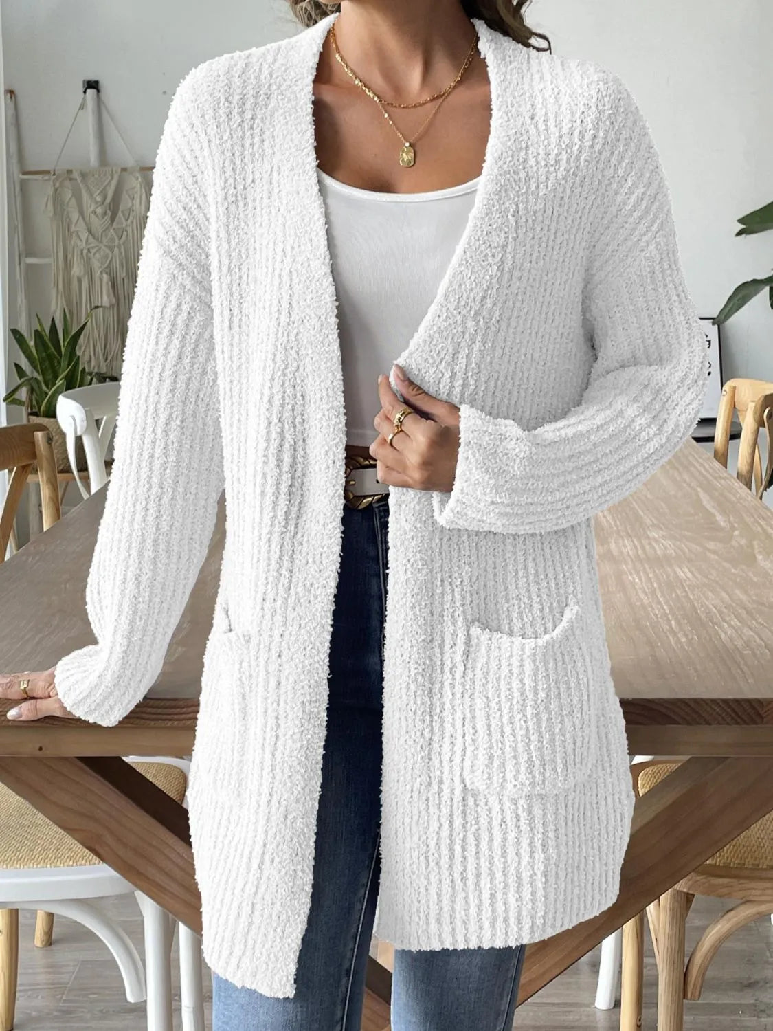 Open Front Long Sleeve Cardigan White