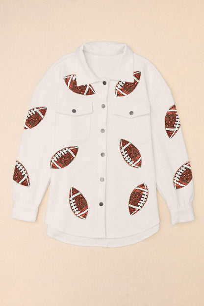 Sequin Football Patch Collared Neck Snap Button Jacket White