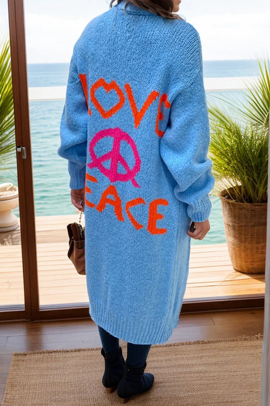 Peace Sign Long Sleeve Cardigan Cerulean