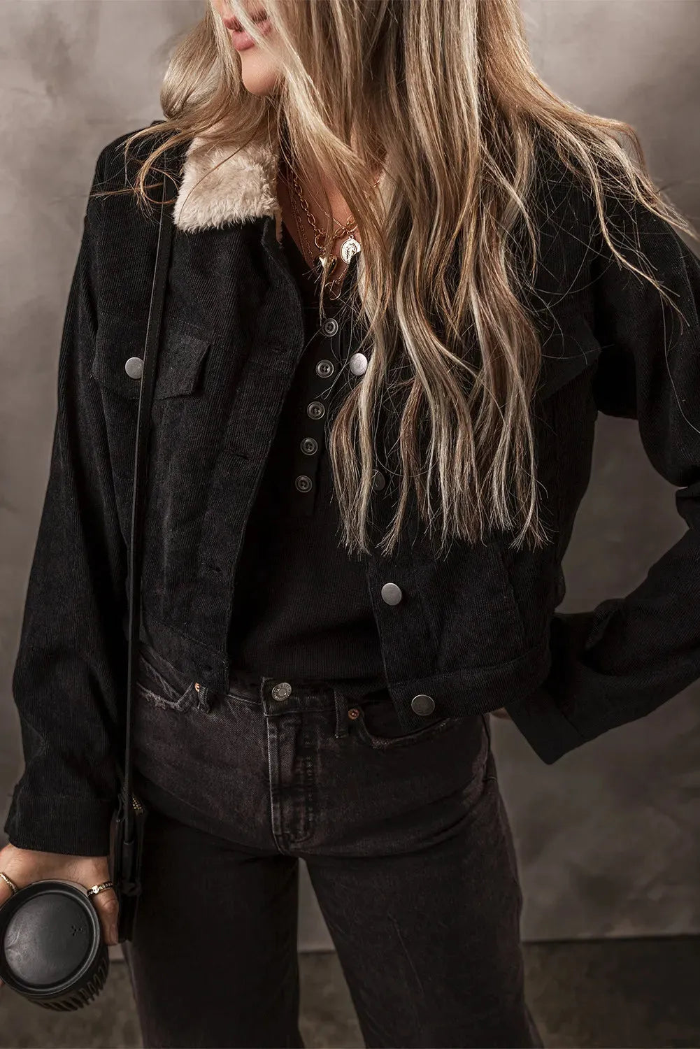 Fuzzy Collared Neck Button Down Jacket Black