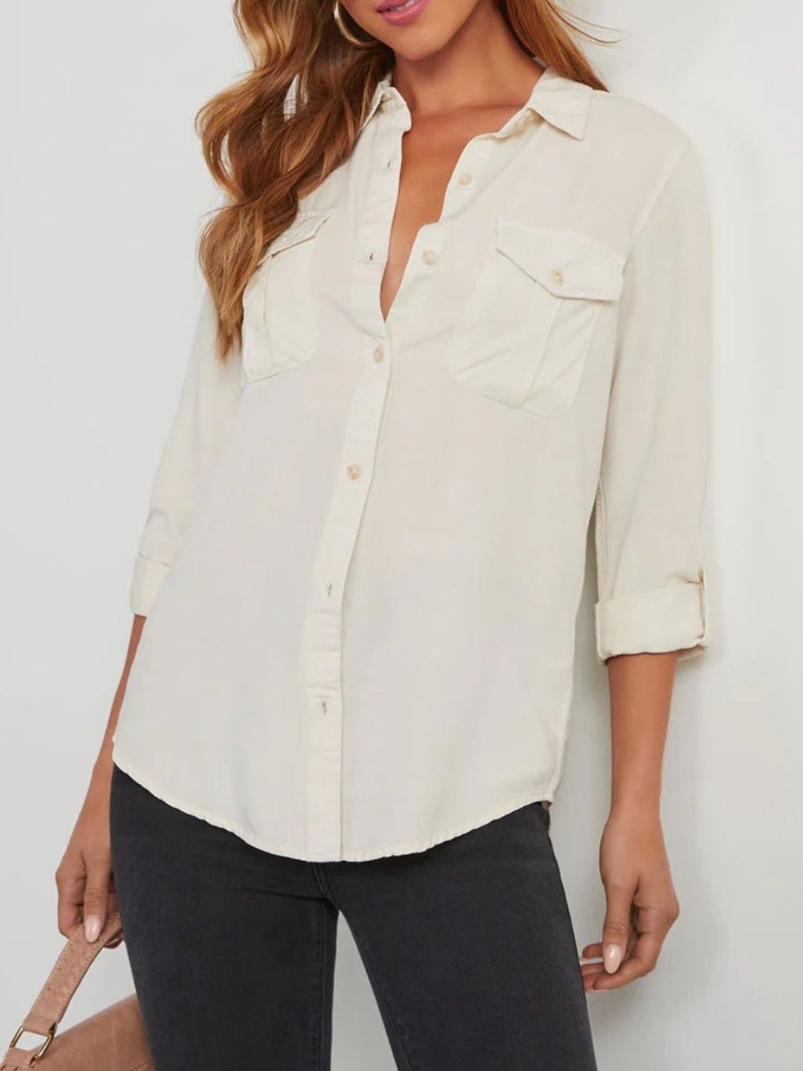 Collared Neck Roll-Tab Sleeve Denim Top White