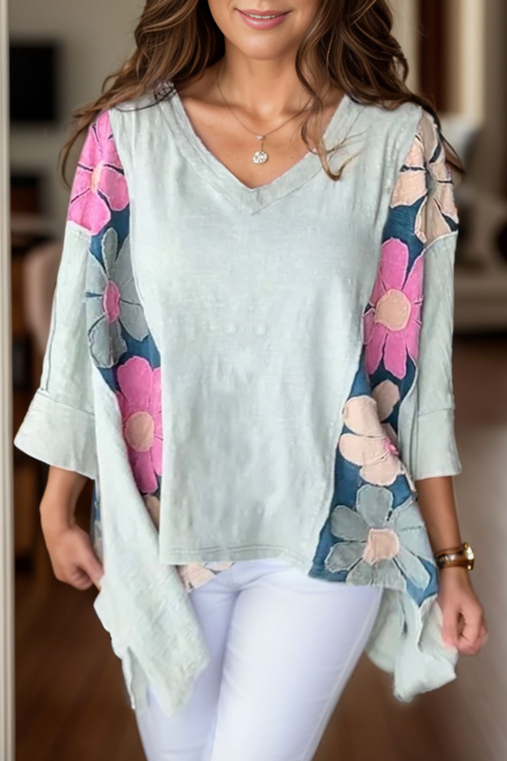 Slit Floral V-Neck Three-Quarter Sleeve Blouse Light Green