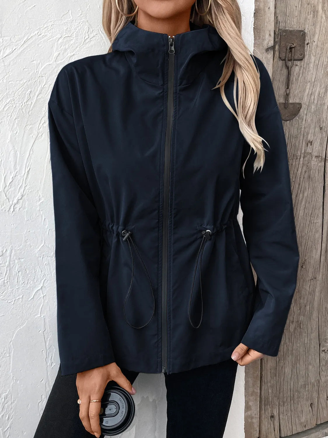 Drawstring Zip Up Hooded Jacket Navy