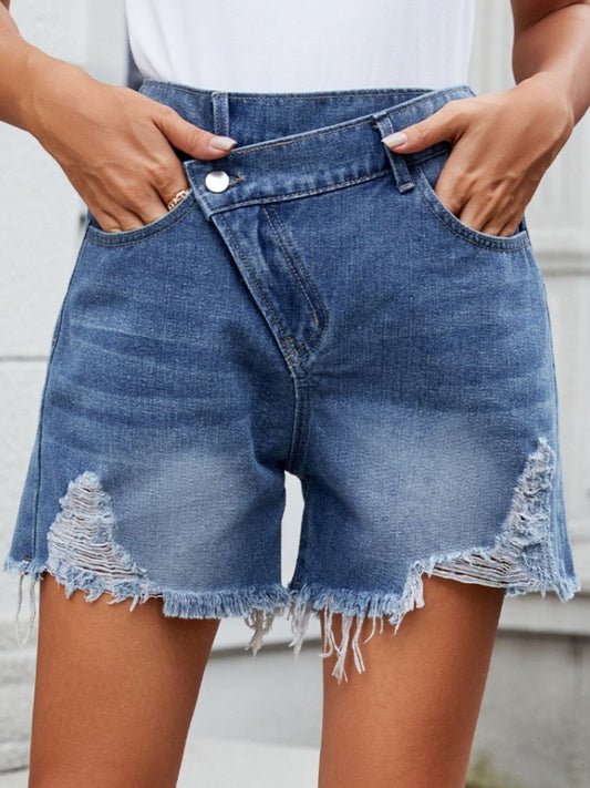 Distressed Raw Hem Asymmetric Waist Denim Shorts