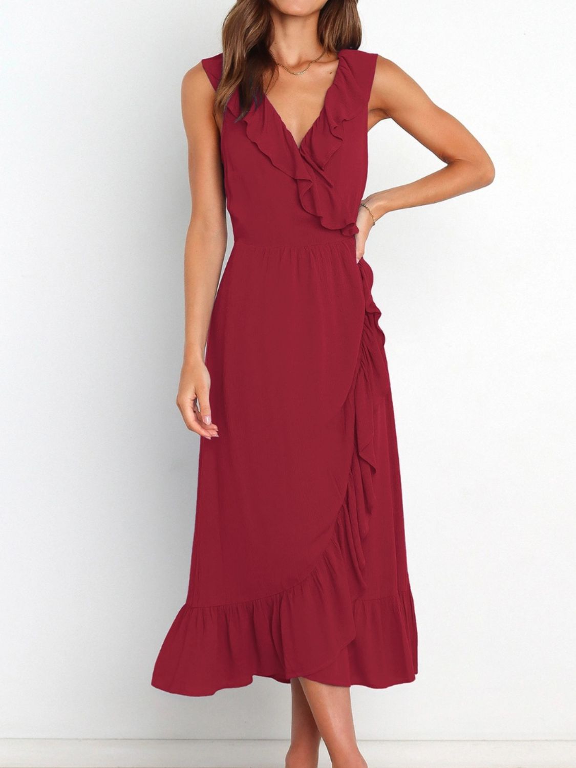 Ruffled Surplice Sleeveless Midi Dress Burgundy