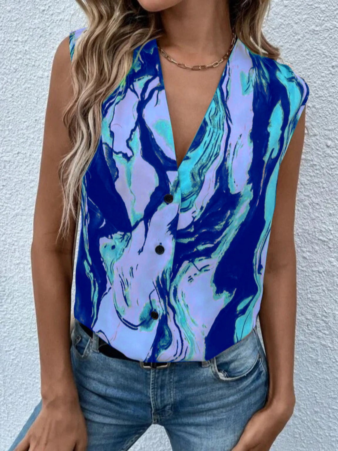 Full Size Printed Button Up Tank Royal Blue