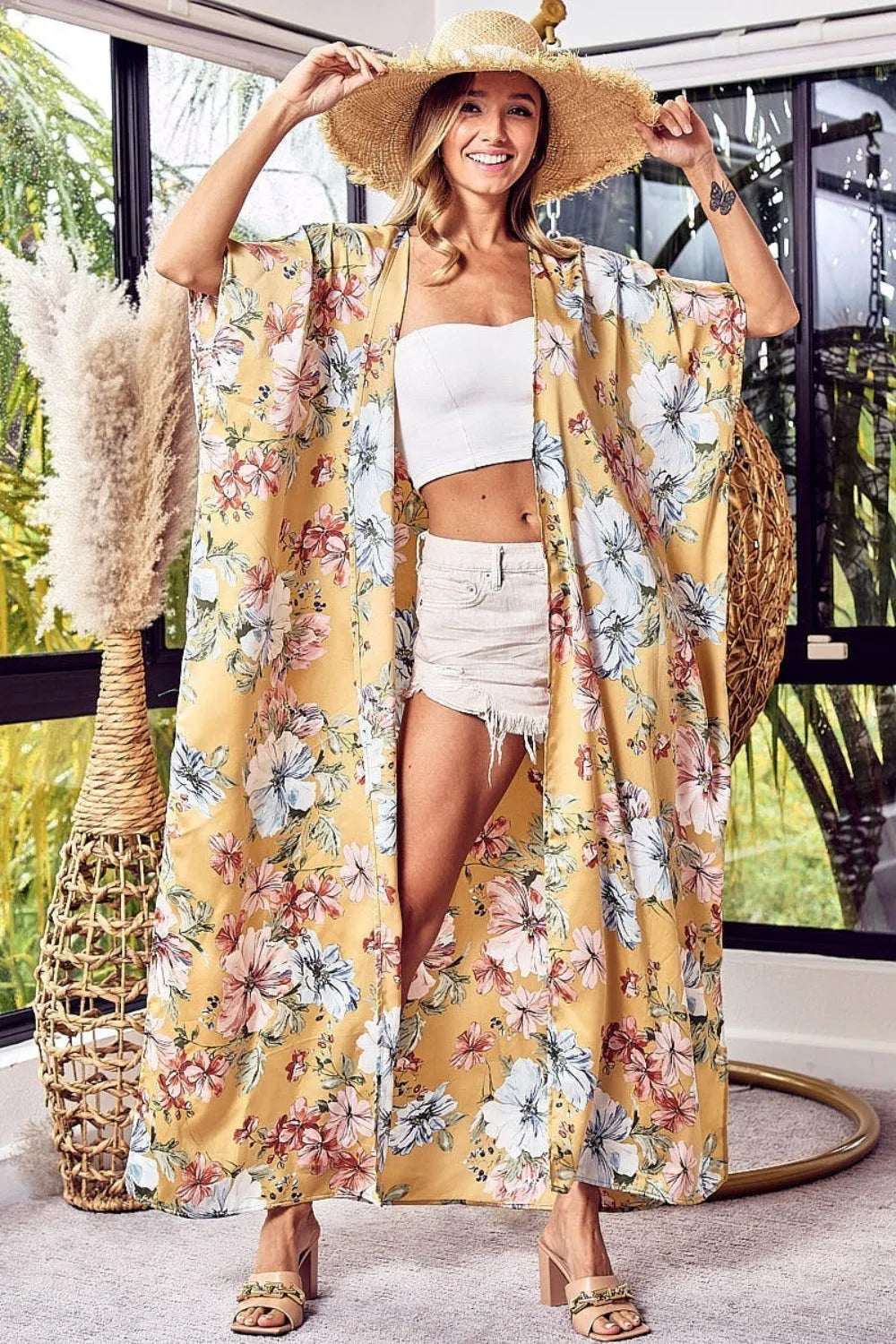 BiBi Floral Side Slit Longline Cardigan Mustard