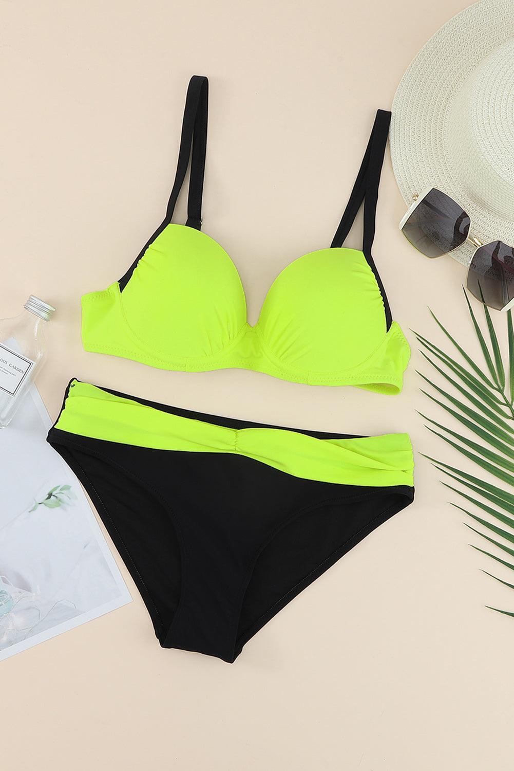 Contrast Sweetheart Neck Bikini Set Neon Yellow