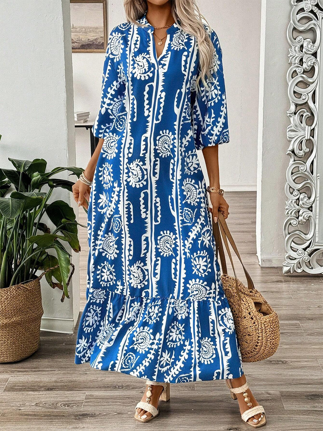 Printed Notched Half Sleeve Maxi Dress Blue