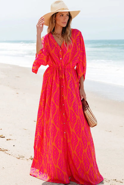 Drawstring Printed V-Neck Maxi Dress Strawberry