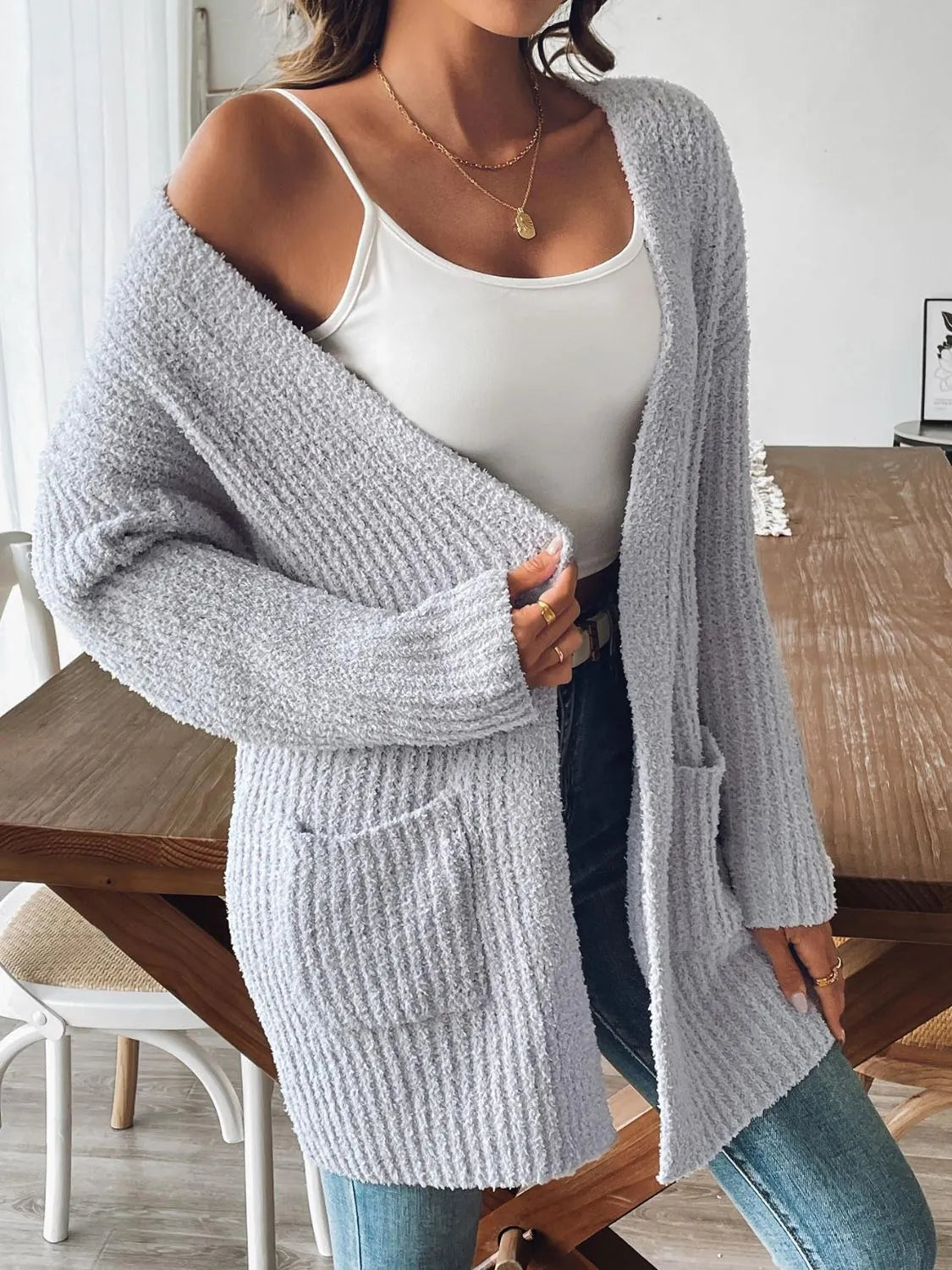 Open Front Long Sleeve Cardigan Gray