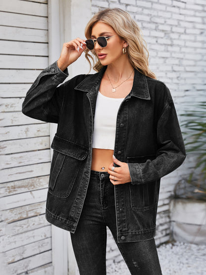 Button Up Long Sleeve Denim Jacket Black