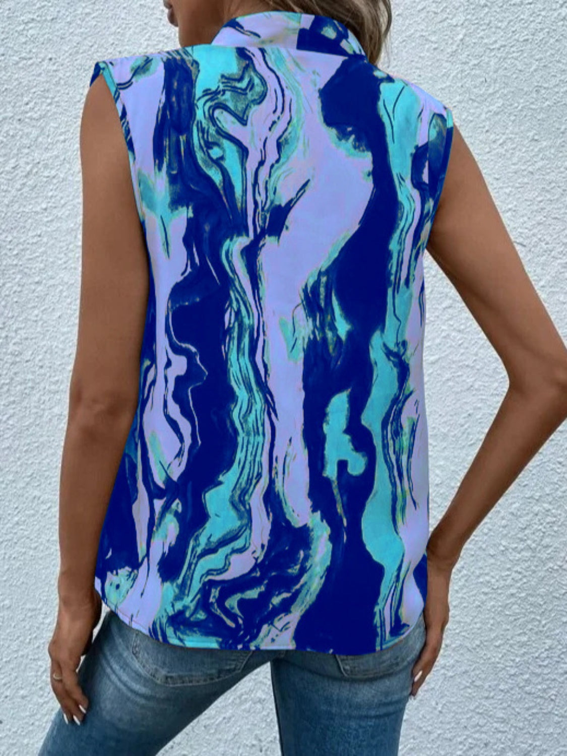 Full Size Printed Button Up Tank Royal Blue