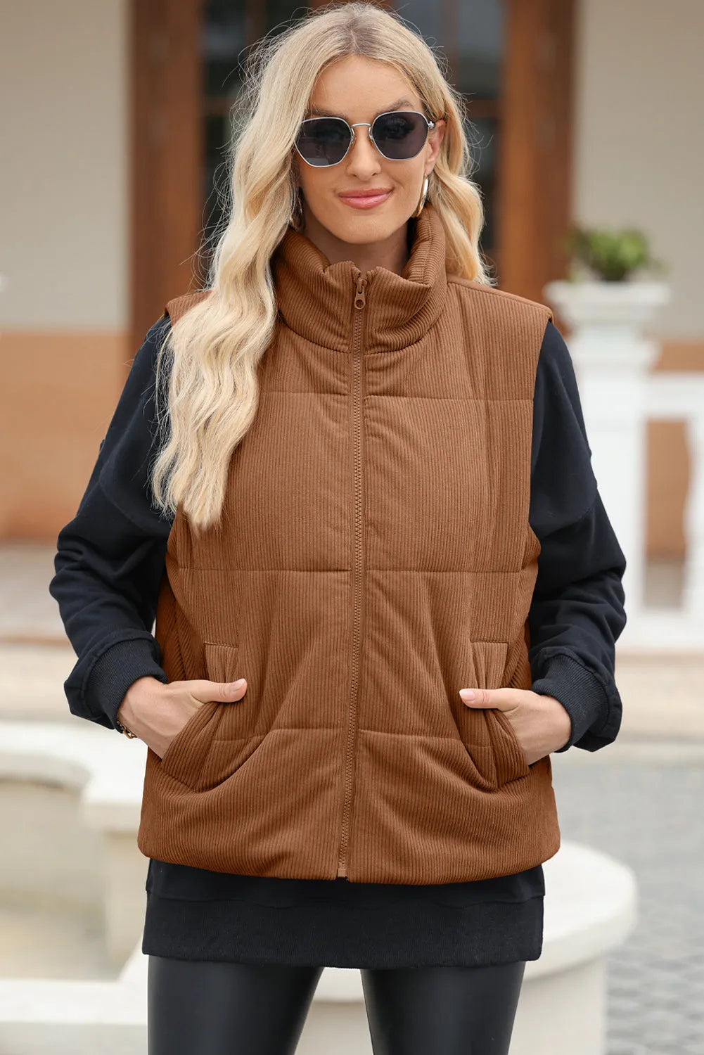 Pocketed Zip Up Turtleneck Vest Coat Brown