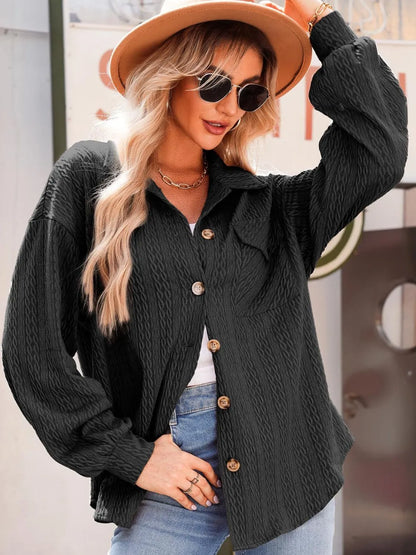 Textured Button Up Long Sleeve Shacket Black