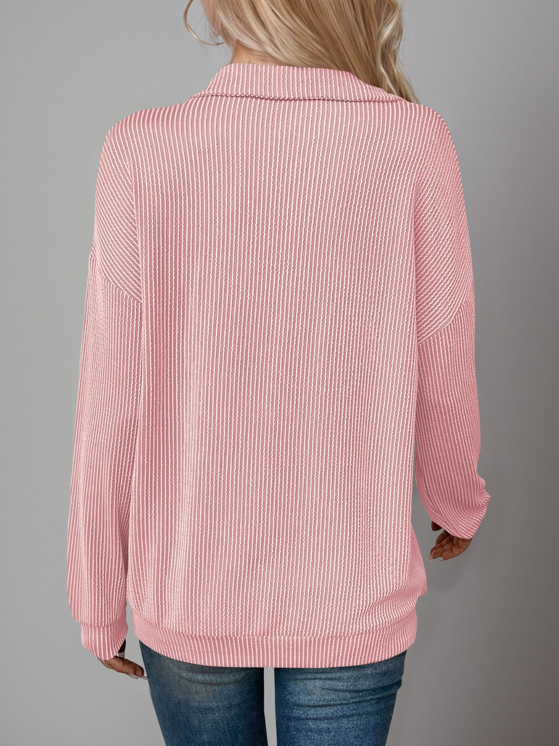 Double Take Striped Half Zip Long Sleeve T-Shirt Dusty Pink