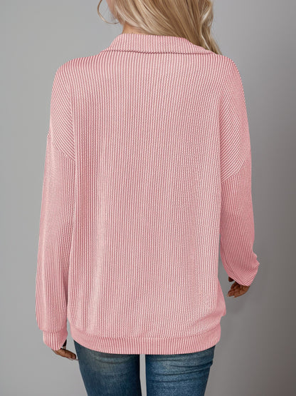 Double Take Striped Half Zip Long Sleeve T-Shirt Dusty Pink