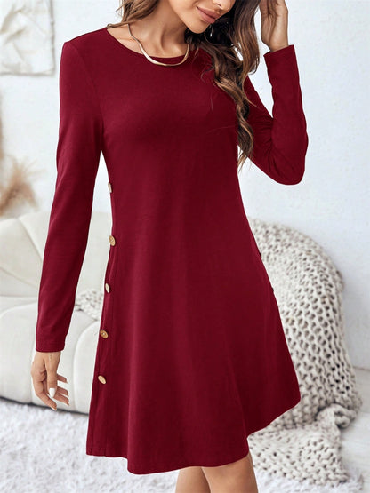 Round Neck Long Sleeve Mini Dress with Pockets Burgundy