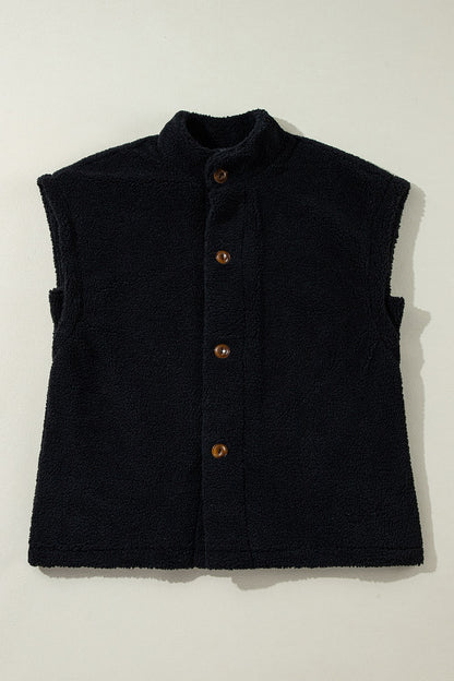 Fuzzy Mock Neck Button Up Vest Coat Black