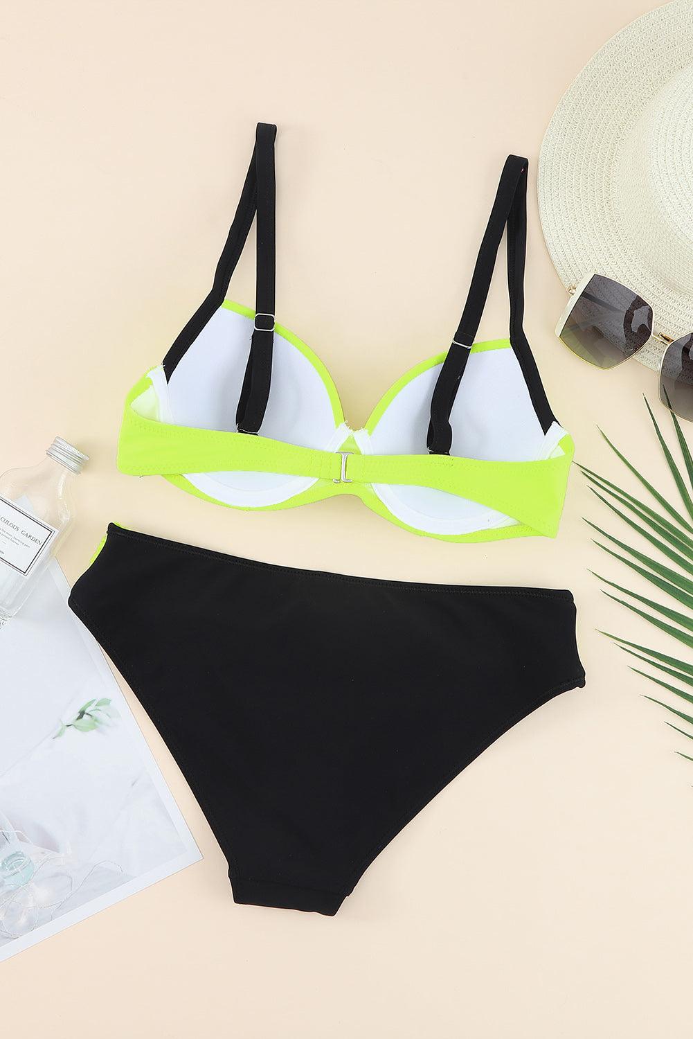 Contrast Sweetheart Neck Bikini Set Neon Yellow