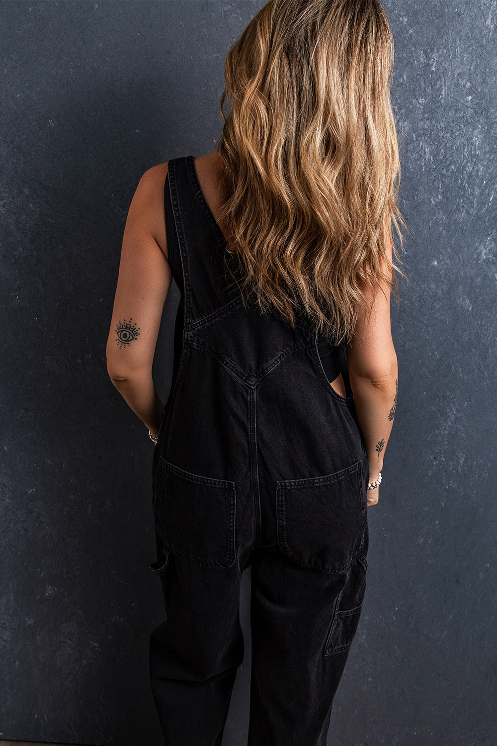 Pocketed Straight Denim Overalls Black