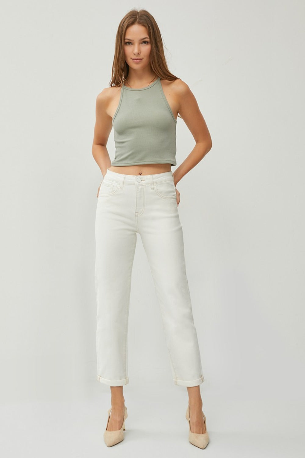 RISEN Full Size High Waist Rolled Hem Straight Jeans Cream