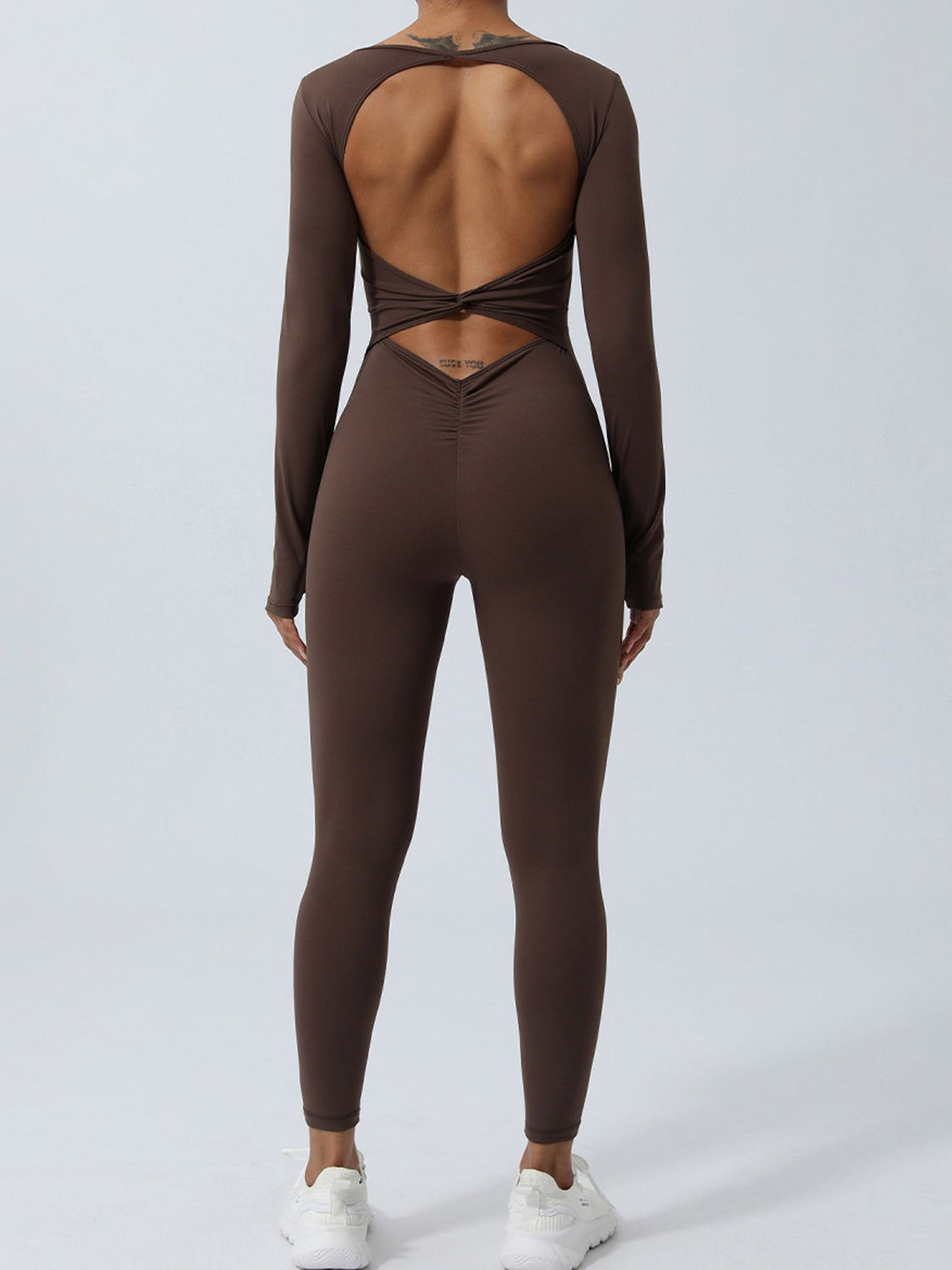 Twisted Backless Long Sleeve Jumpsuit Chocolate